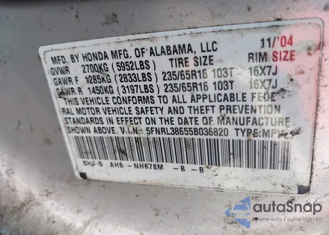 2005 Honda Odyssey Ex-L z USA, uszkodzony, nr VIN 5FNRL38655B036820